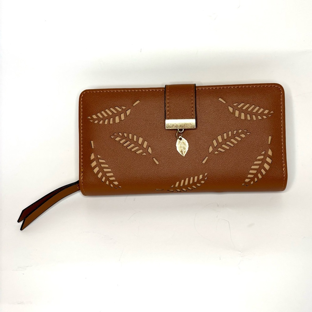 Vagabond Goods Wallet Wanderlust Brown Vegan Leather Leaf Cutouts 0145 NWOT